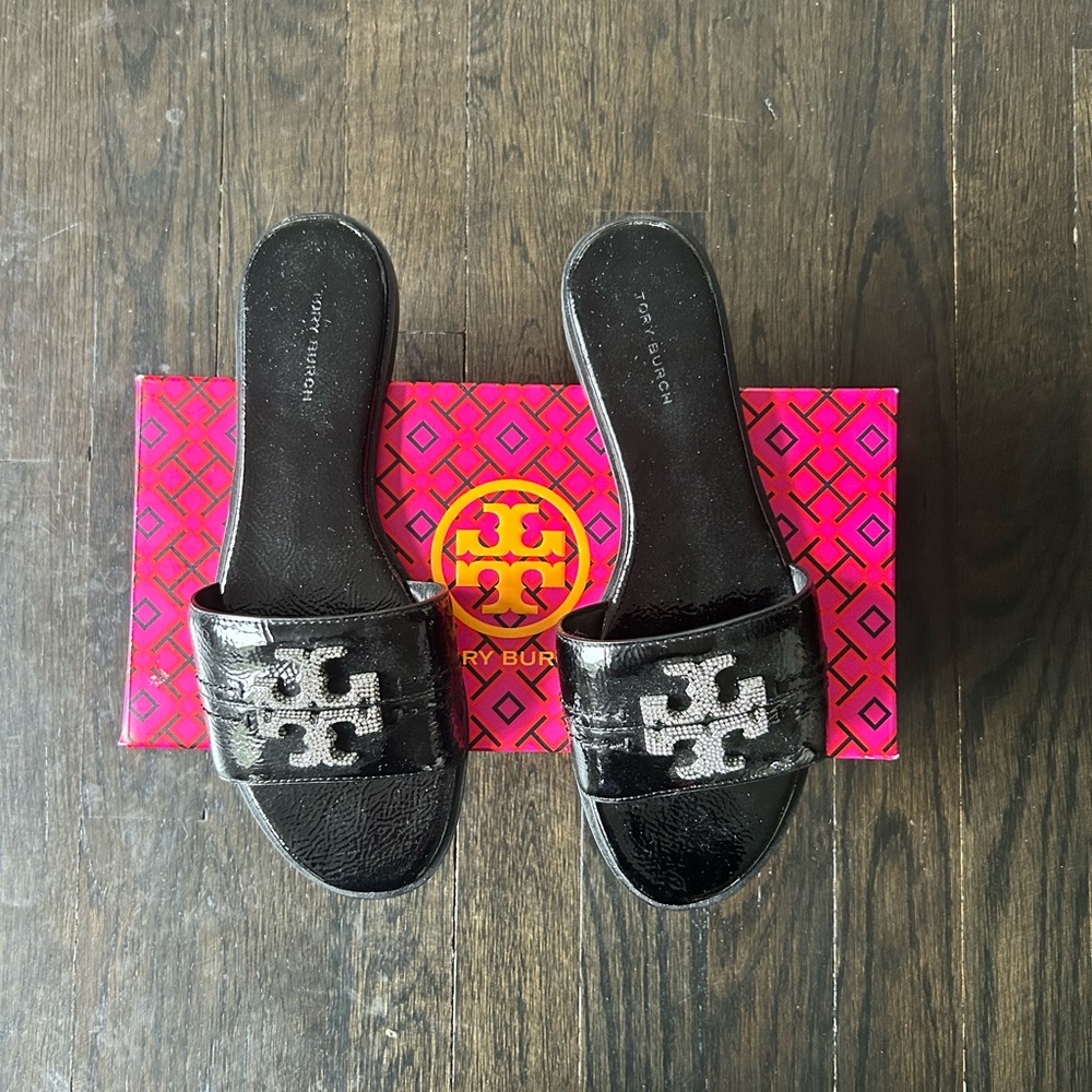 Tory Burch Black Patent Logo Everly slide
